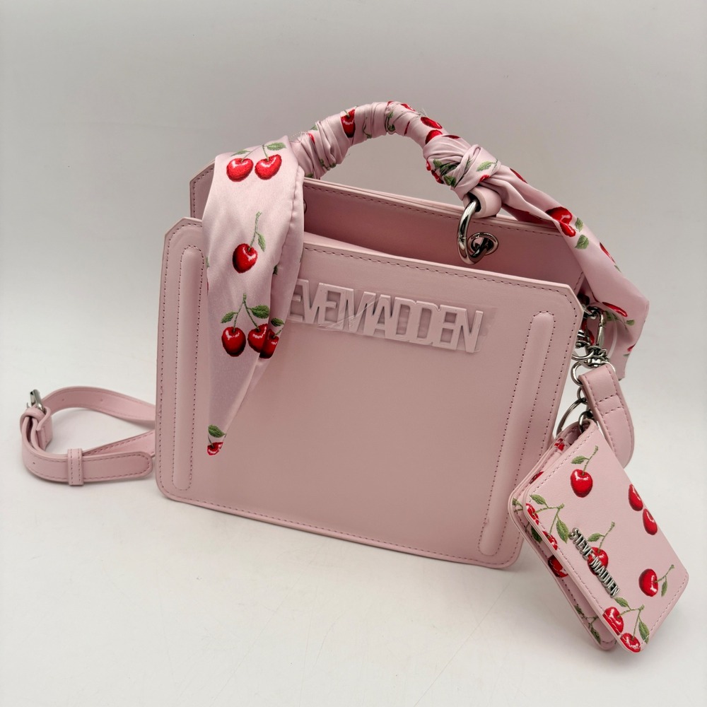 Steve Madden Bevelyn Pink Crossbody Bag Cherry Scarf Handle & Card Holder - Picture 3 of 15